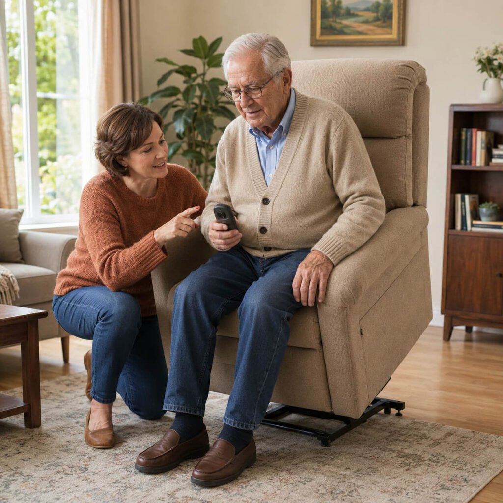 Adult daughter showing her senior father how to use the remote on a power lift recliner from a seated position in a bright living room