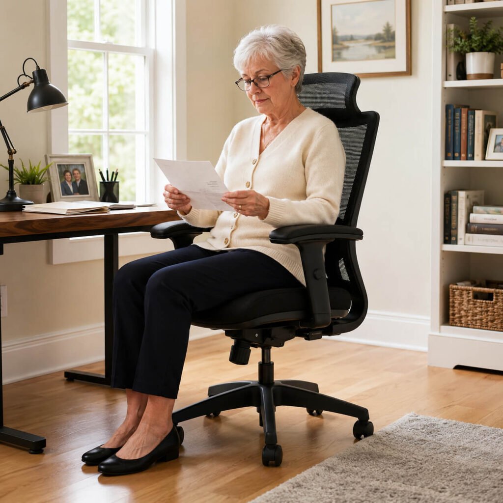 Senior woman with arthritis seated at a sunlit home desk in an ergonomic mesh office chair with adjustable lumbar support while reading mail