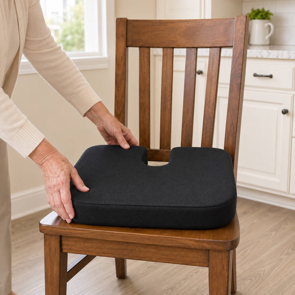 Close-up of a senior woman's hands placing a black memory-foam orthopedic seat cushion onto a wooden dining chair