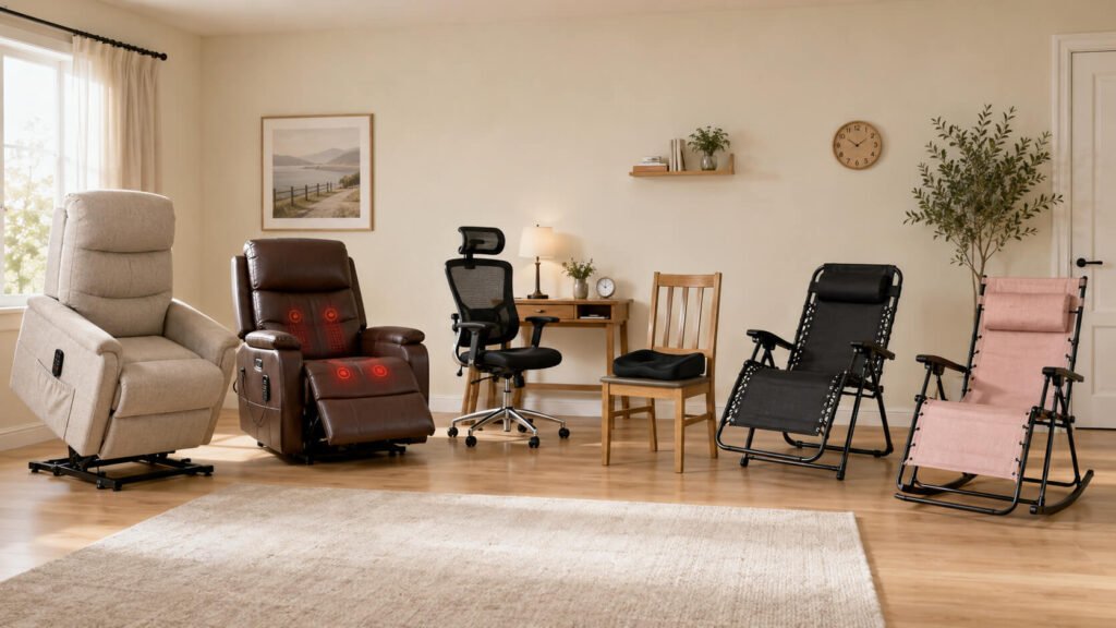Best seating solutions for seniors with arthritis arranged in a bright living room — a beige power lift recliner, a brown leather heat-and-massage recliner, a mesh ergonomic desk chair, a memory-foam orthopedic seat cushion, a black zero-gravity recliner, and a folding rocking chair